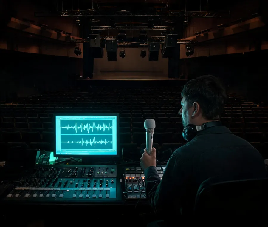 Audio engineer measuring a QSC loudspeaker system